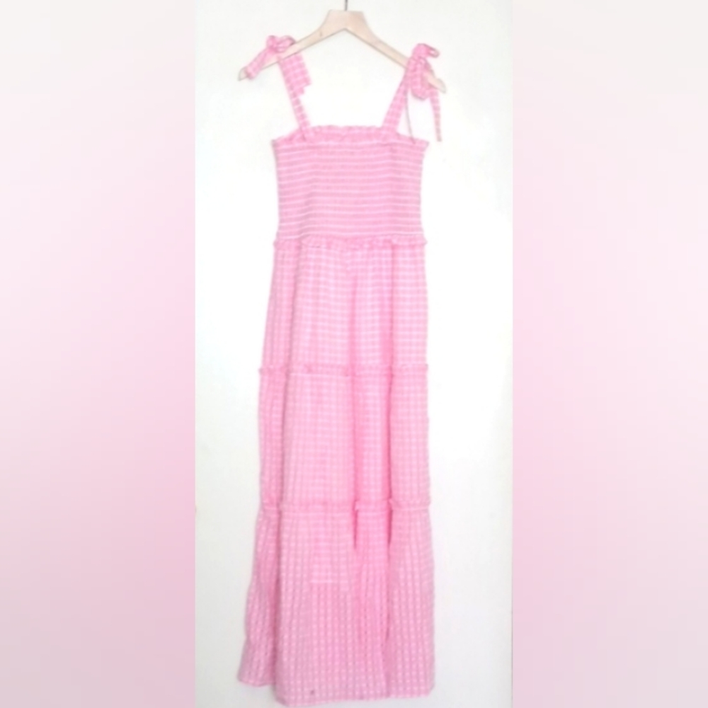 STEVE MADDEN PINK SLEEVELESS SMOCKED BODICE MAXI CRINKLE DRESS - Picture 1 of 4